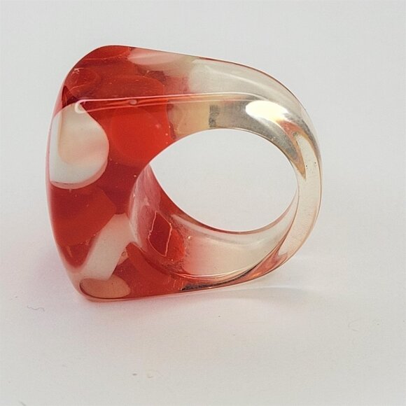 Chunky Square Resin Lucite Ring With Red And White Pill Beads See Through Ring - Picture 2 of 10